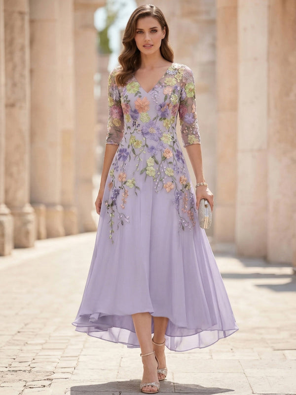 A-Line/Princess V-Neck Chiffon Mother of the Bride Dresses Half Sleeves Lace Floral Asymmetrical Tea-Length