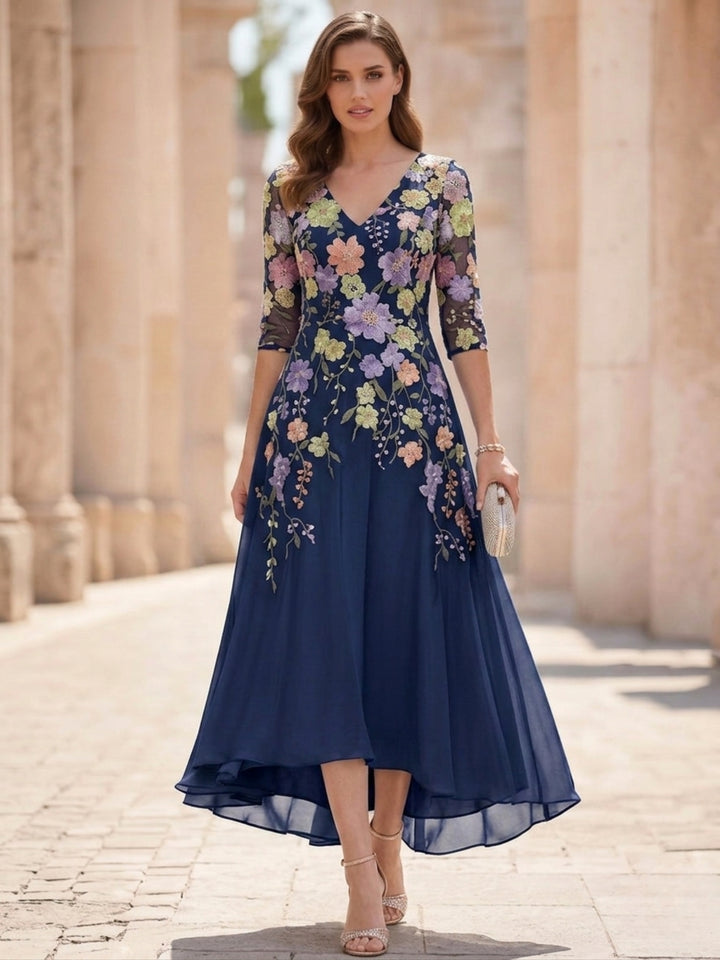 A-Line/Princess V-Neck Chiffon Mother of the Bride Dresses Half Sleeves Lace Floral Asymmetrical Tea-Length