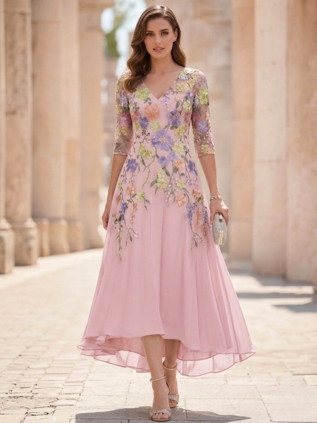 A-Line/Princess V-Neck Chiffon Mother of the Bride Dresses Half Sleeves Lace Floral Asymmetrical Tea-Length