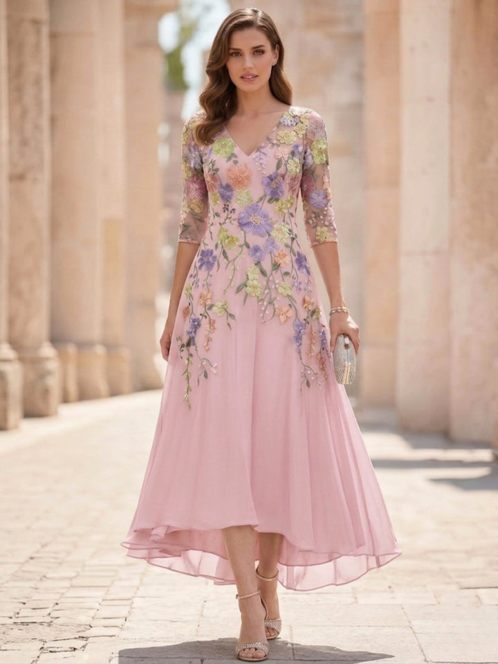 A-Line/Princess V-Neck Chiffon Mother of the Bride Dresses Half Sleeves Lace Floral Asymmetrical Tea-Length