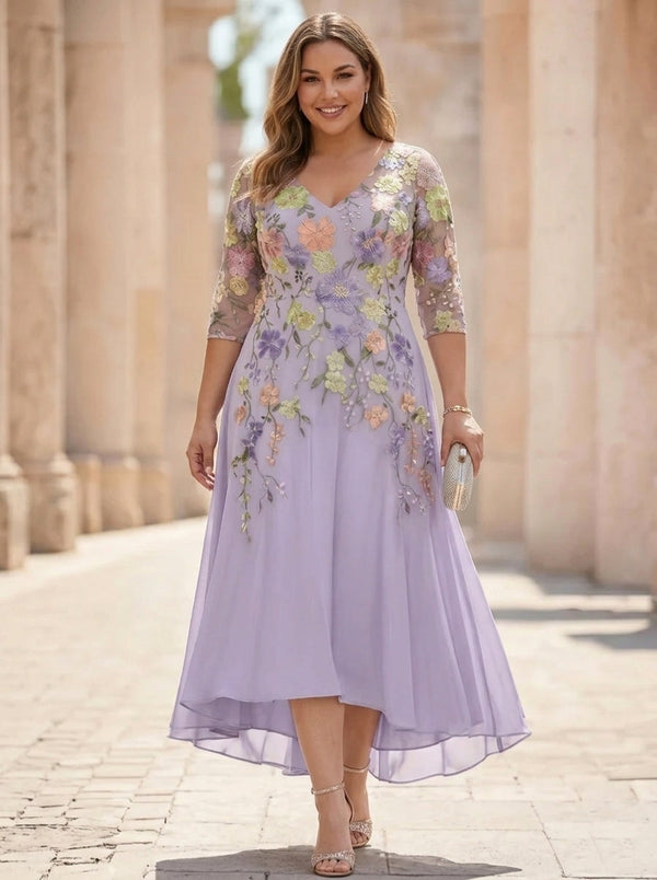 A-Line/Princess V-Neck Chiffon Plus Size Mother of the Bride Dresses Half Sleeves Lace Floral Asymmetrical Tea-Length
