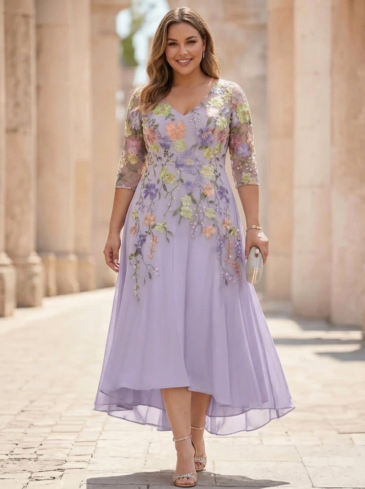 A-Line/Princess V-Neck Chiffon Plus Size Mother of the Bride Dresses Half Sleeves Lace Floral Asymmetrical Tea-Length