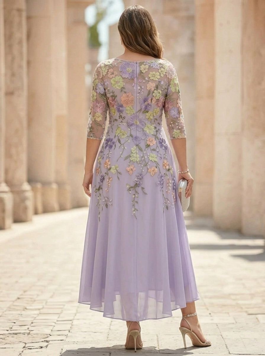 A-Line/Princess V-Neck Chiffon Plus Size Mother of the Bride Dresses Half Sleeves Lace Floral Asymmetrical Tea-Length