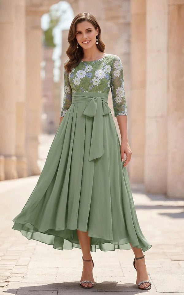 A-Line/Princess Scoop Chiffon Mother of the Bride Dresses 3/4 Sleeves Lace Floral Tea-Length With Pleated Bowknot