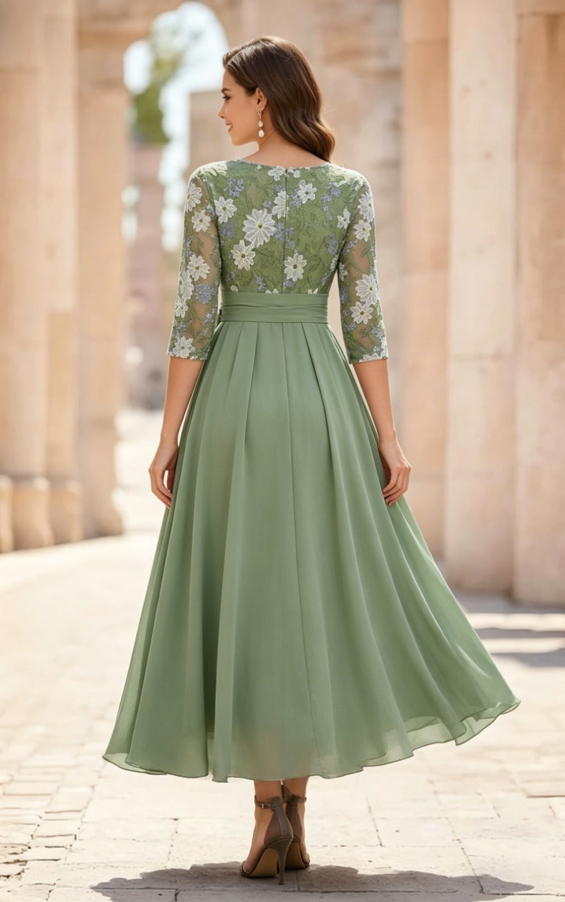 A-Line/Princess Scoop Chiffon Mother of the Bride Dresses 3/4 Sleeves Lace Floral Tea-Length With Pleated Bowknot