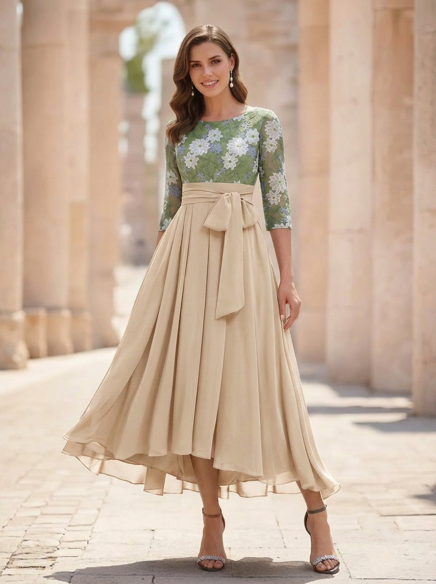 A-Line/Princess Scoop Chiffon Mother of the Bride Dresses 3/4 Sleeves Lace Floral Tea-Length With Pleated Bowknot