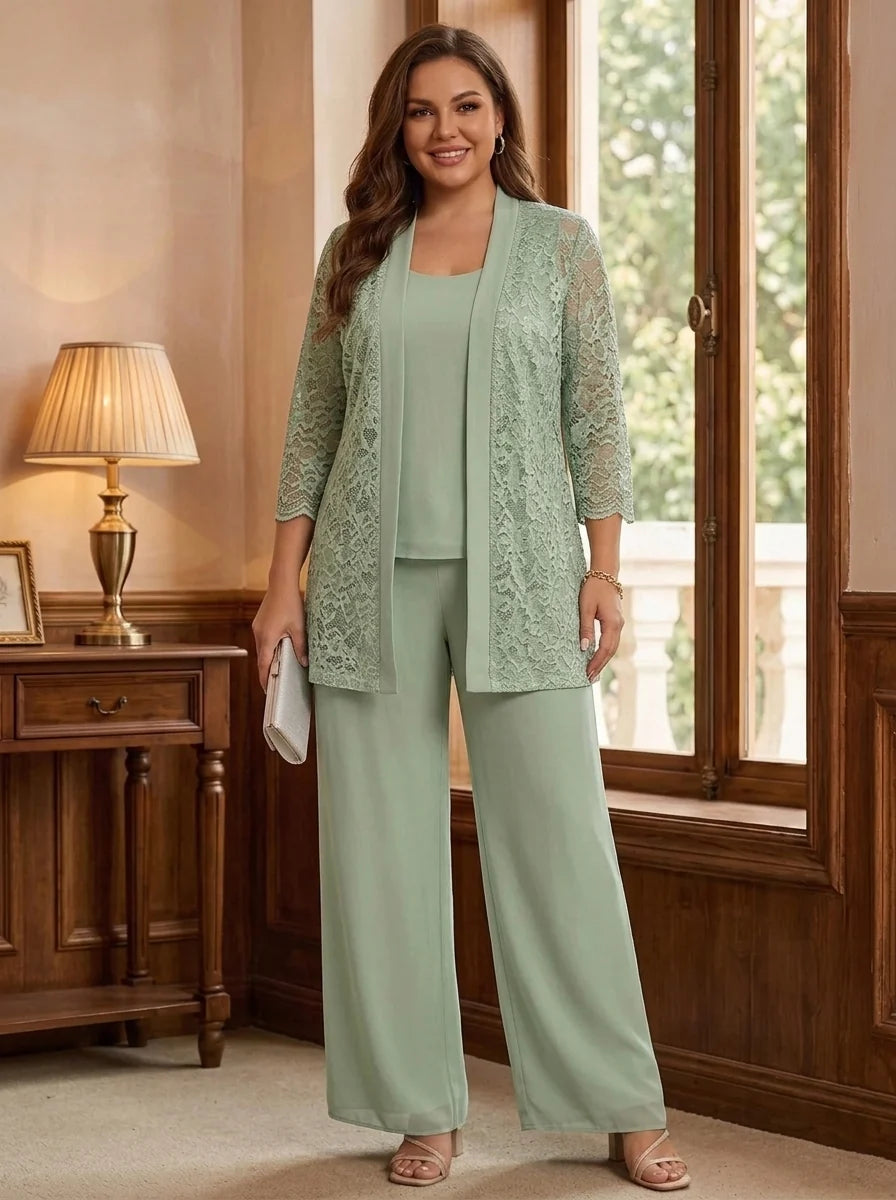 3 Pieces Suit Scoop Chiffon Plus Size Mother of the Bride Pantsuits with Jacket 3/4 Sleeves Lace Floor-Length