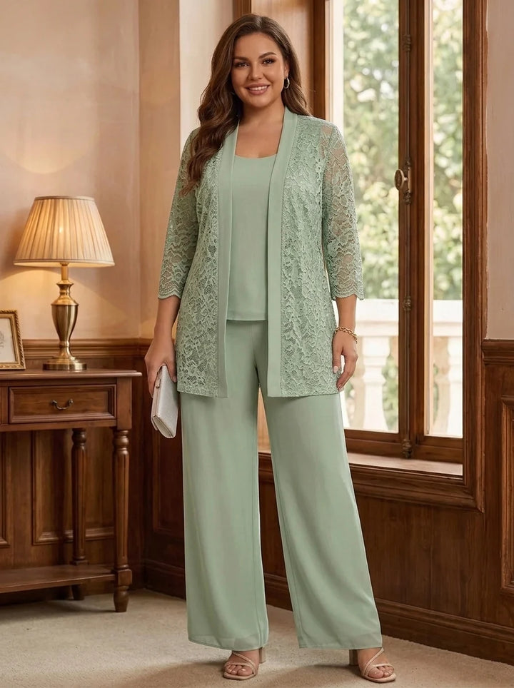 3 Pieces Suit Scoop Chiffon Plus Size Mother of the Bride Pantsuits with Jacket 3/4 Sleeves Lace Floor-Length