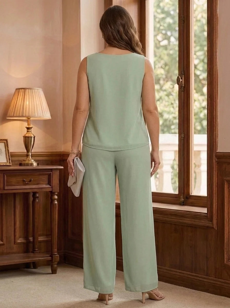 3 Pieces Suit Scoop Chiffon Plus Size Mother of the Bride Pantsuits with Jacket 3/4 Sleeves Lace Floor-Length
