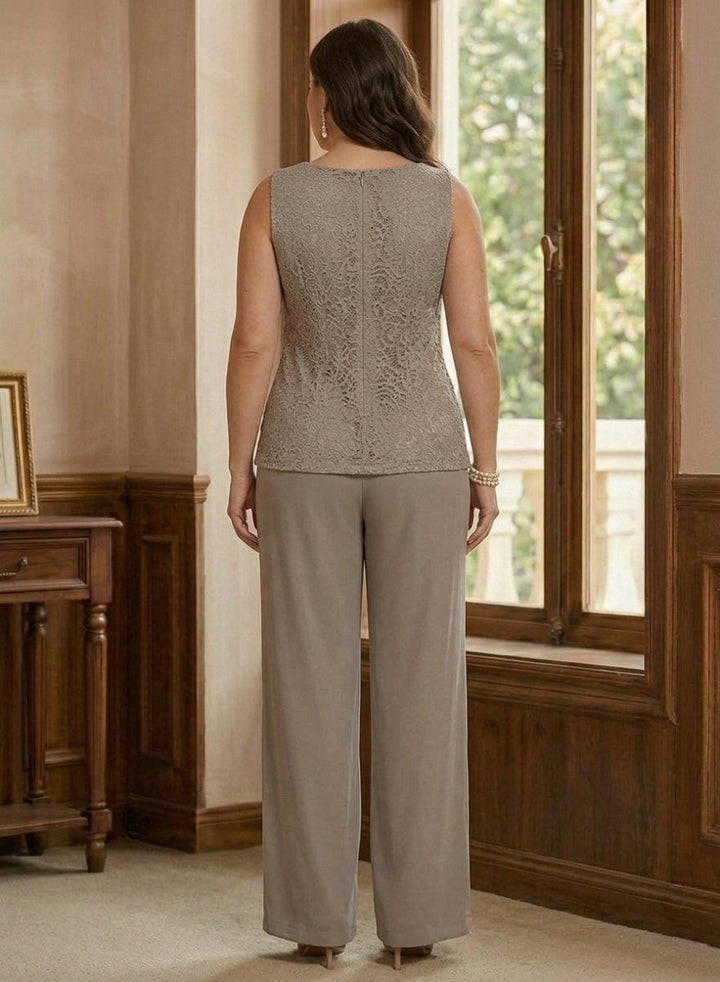 3 Pieces Suit Scoop Chiffon Plus Size Mother of the Bride Pantsuits with Jacket 3/4 Sleeves Lace Ankle-Length