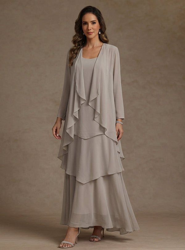 A-Line/Princess Scoop Chiffon Mother of the Bride Dresses with Jacket & Ruffles Long Sleeves Ankle-Length