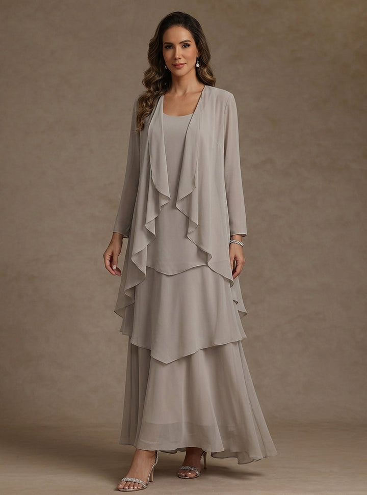 A-Line/Princess Scoop Chiffon Mother of the Bride Dresses with Jacket & Ruffles Long Sleeves Ankle-Length