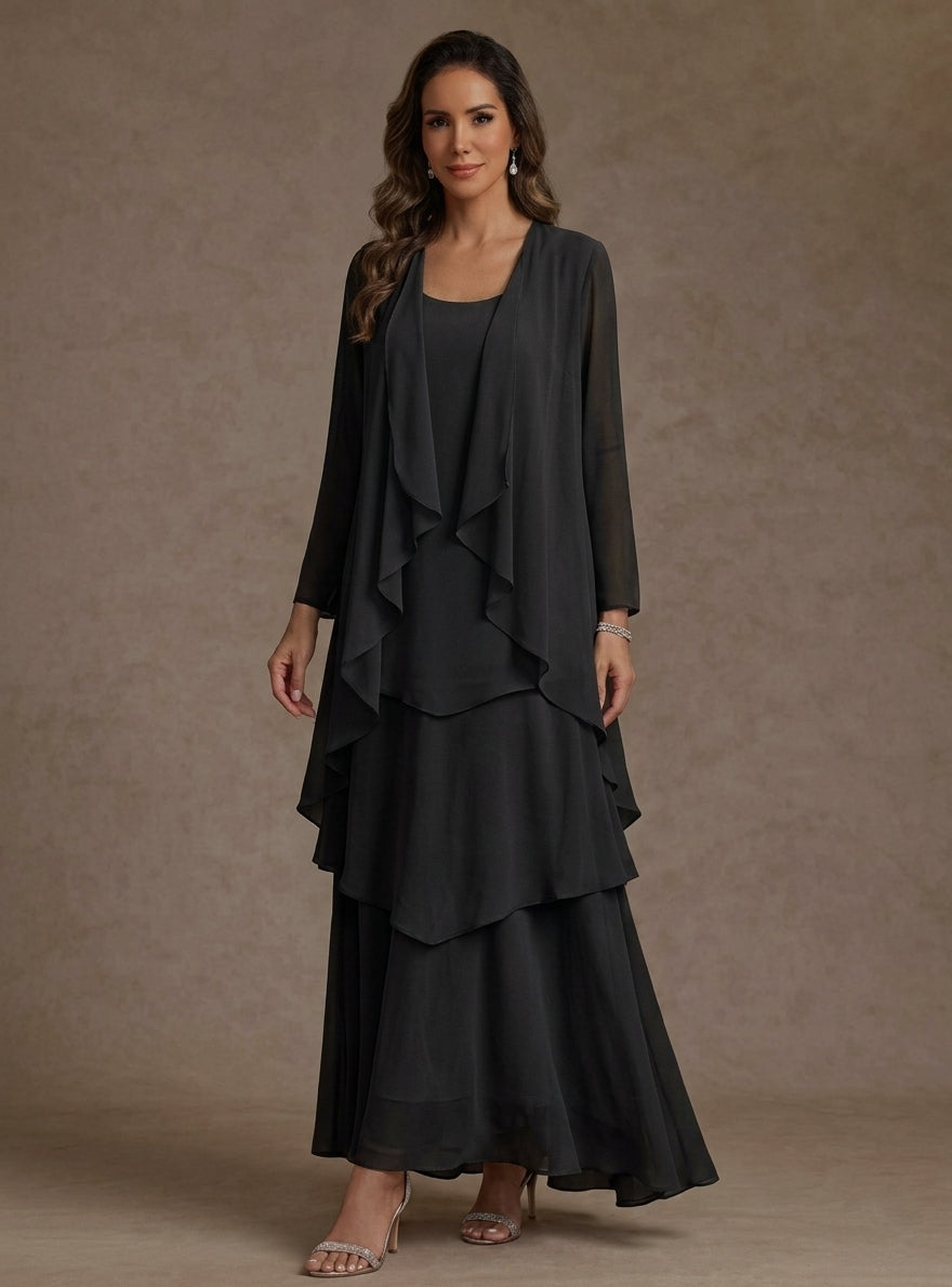 A-Line/Princess Scoop Chiffon Mother of the Bride Dresses with Jacket & Ruffles Long Sleeves Ankle-Length