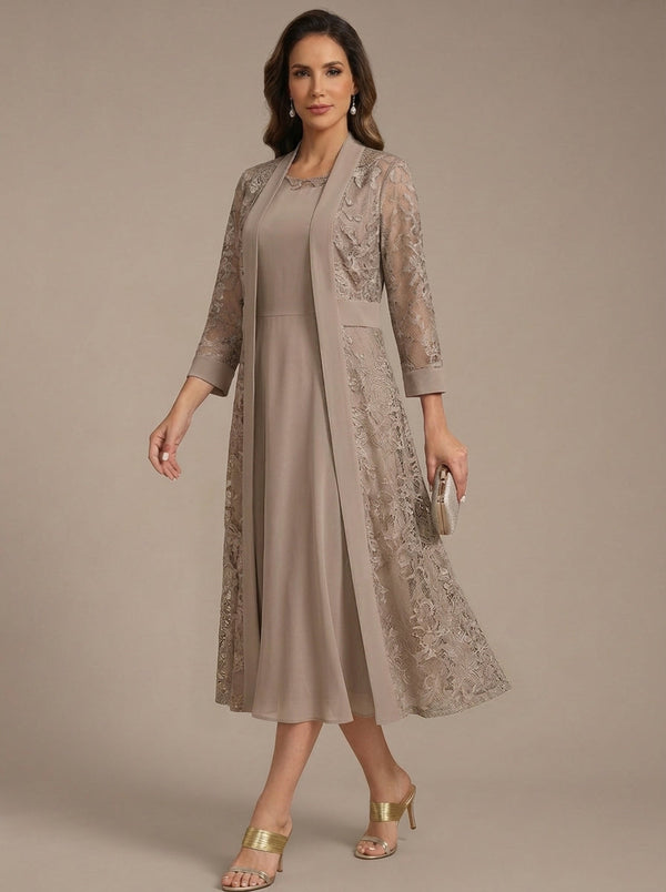 A-Line/Princess Scoop Chiffon Mother of the Bride Dresses with Lace Jacket 3/4 Sleeves Tea-Length