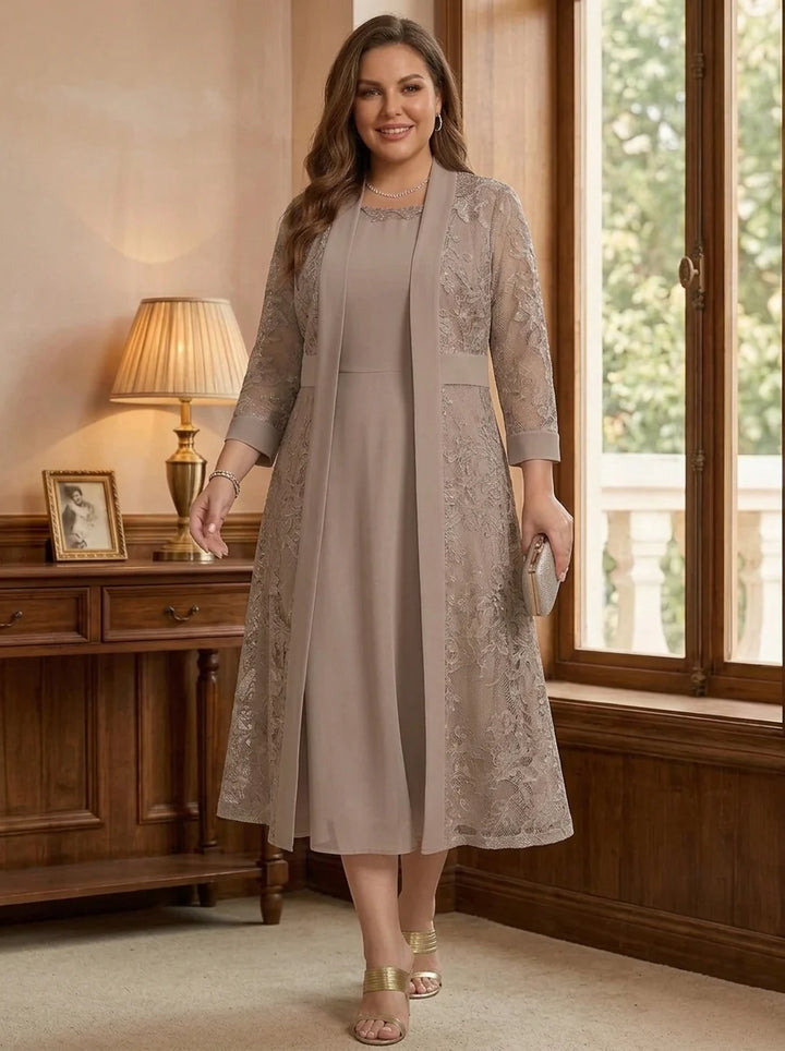 A-Line/Princess Scoop Chiffon Plus Size Mother of the Bride Dresses with Lace Jacket 3/4 Sleeves Tea-Length