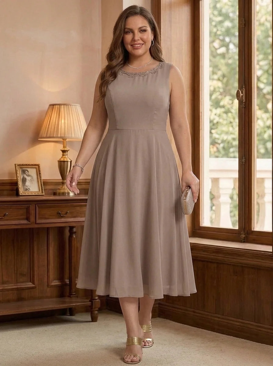 A-Line/Princess Scoop Chiffon Plus Size Mother of the Bride Dresses with Lace Jacket 3/4 Sleeves Tea-Length