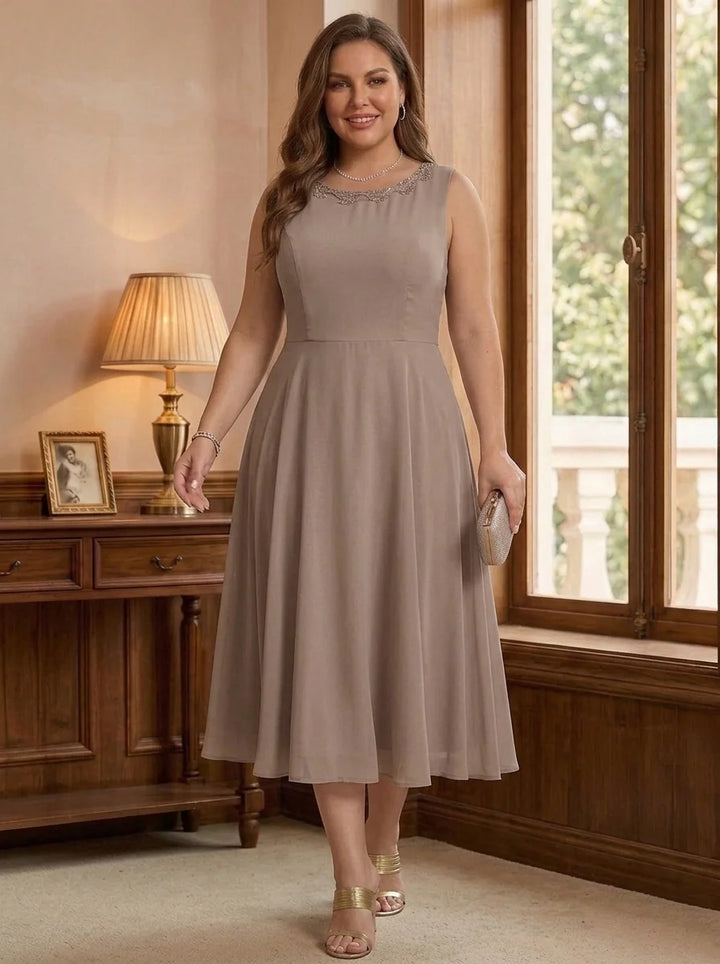 A-Line/Princess Scoop Chiffon Plus Size Mother of the Bride Dresses with Lace Jacket 3/4 Sleeves Tea-Length