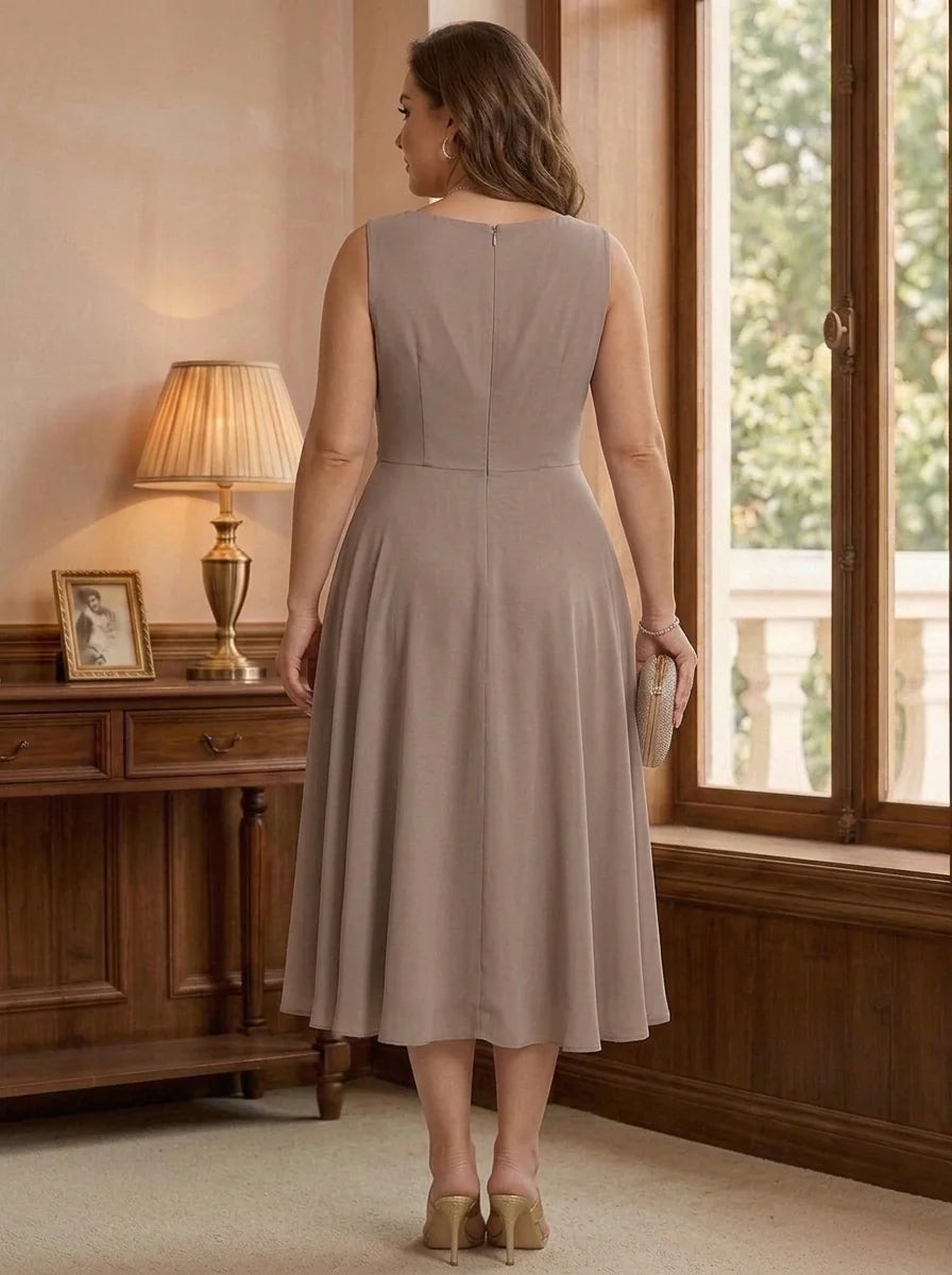 A-Line/Princess Scoop Chiffon Plus Size Mother of the Bride Dresses with Lace Jacket 3/4 Sleeves Tea-Length
