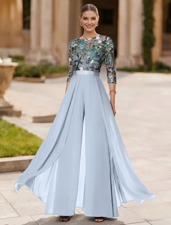 Jumpsuit Scoop Chiffon Mother of the Bride Jumpsuit with Overskirt 3/4 Sleeves Floral Sequins Floor-Length