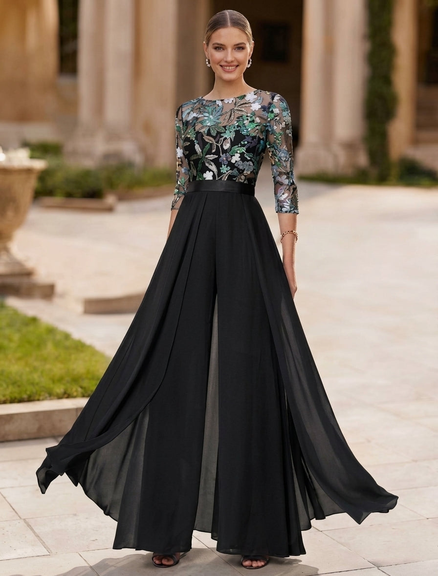 Jumpsuit Scoop Chiffon Mother of the Bride Jumpsuit with Overskirt 3/4 Sleeves Floral Sequins Floor-Length
