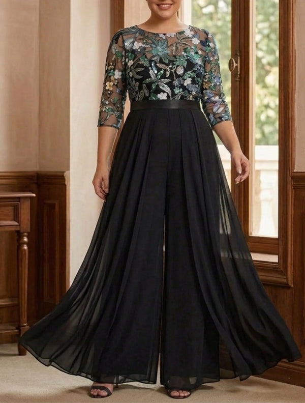 Jumpsuit Scoop Chiffon Plus Size Mother of the Bride Jumpsuit with Overskirt 3/4 Sleeves Floral Sequins Floor-Length