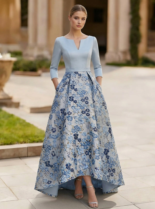 A-Line/Princess V-Neck Satin Mother of the Bride Dresses 3/4 Sleeves Floral Asymmetrical Floor-Length