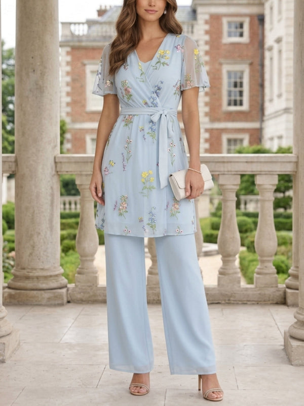 2 Pieces Suit V-Neck Chiffon Mother of the Bride Pantsuits Short Sleeves Floral Ankle-Length