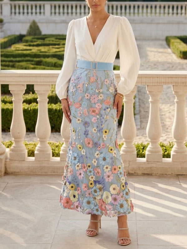 Trumpet/Mermaid V-Neck Taffeta Mother of the Bride Dresses Long Sleeves Ankle-Length Floral Belt