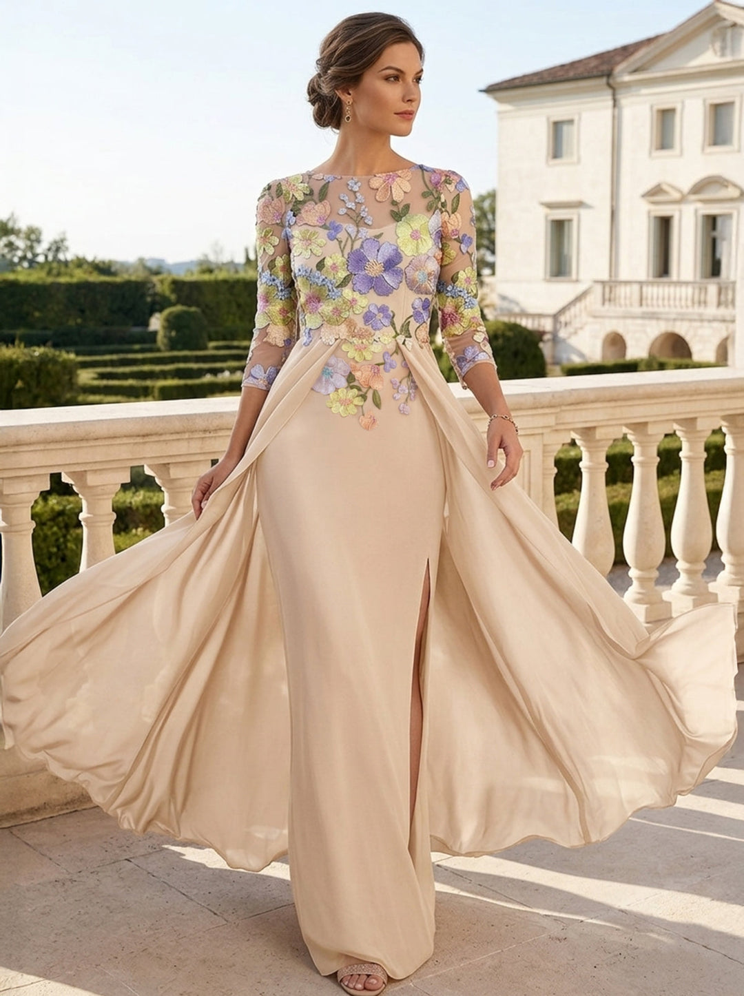 Sheath/Column Scoop Chiffon Mother of the Bride Dresses with Overskirt Lace Floral 3/4 Sleeves Split Side Floor-Length
