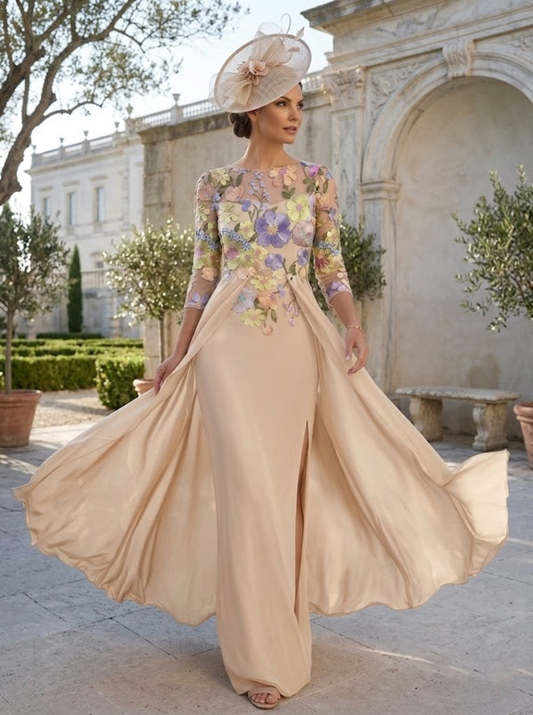 Sheath/Column Scoop Chiffon Mother of the Bride Dresses with Overskirt Lace Floral 3/4 Sleeves Split Side Floor-Length