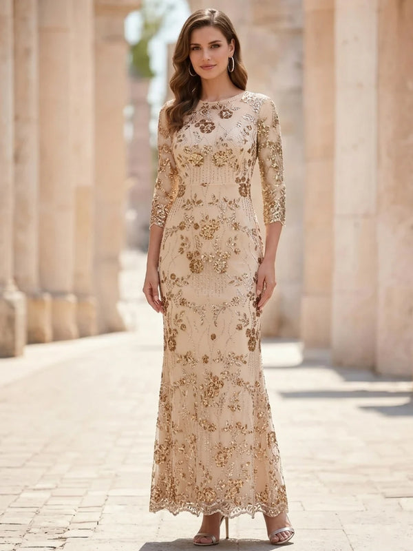 Sheath/Column Scoop Sequins Lace Mother of the Bride Dresses 3/4 Sleeves Floral Ankle-Length