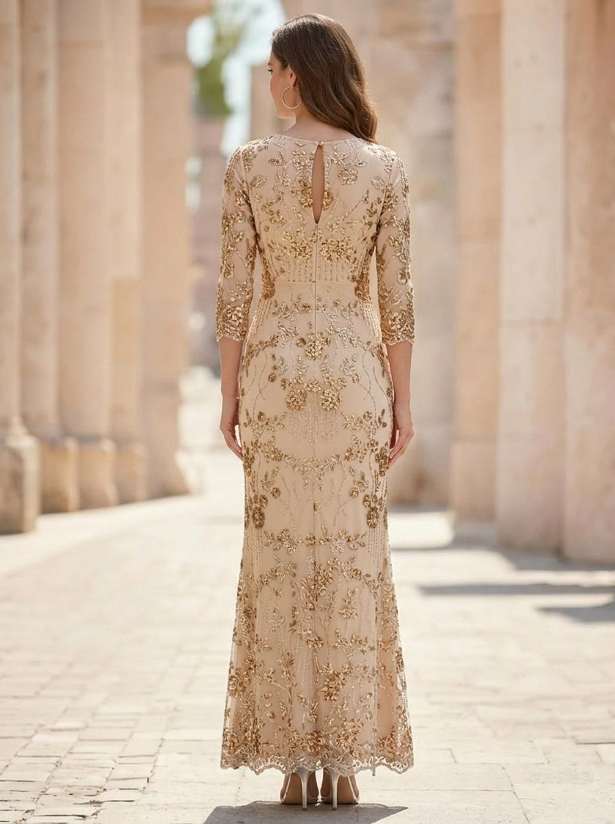 Sheath/Column Scoop Sequins Lace Mother of the Bride Dresses 3/4 Sleeves Floral Ankle-Length