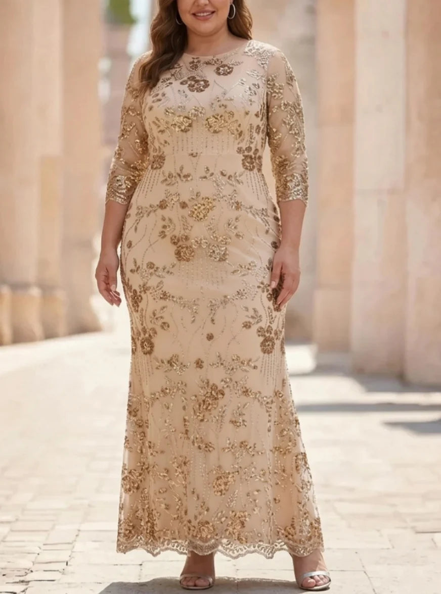 Sheath/Column Scoop Sequins Lace Plus Size Mother of the Bride Dresses 3/4 Sleeves Floral Ankle-Length