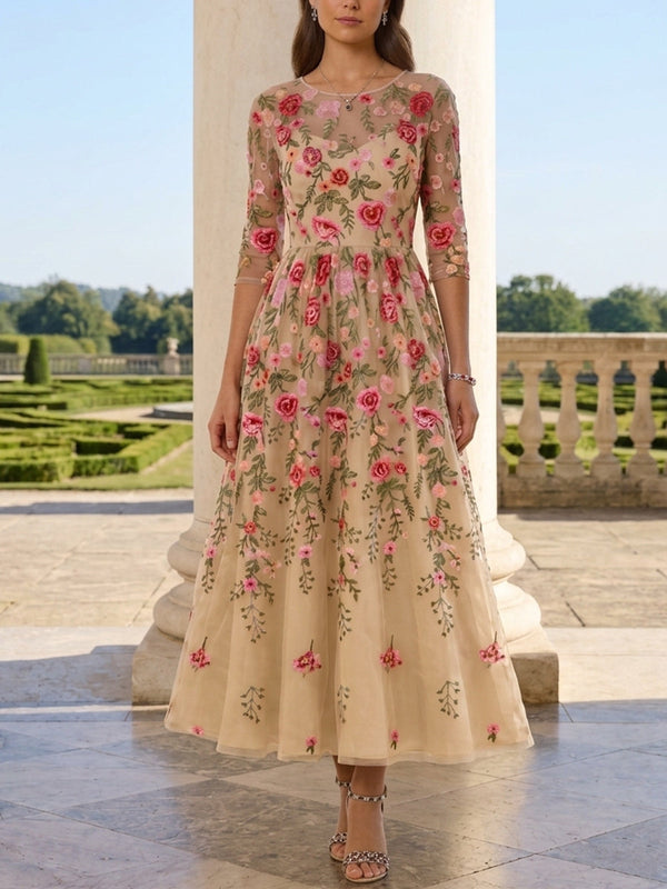A-Line/Princess Scoop Lace Embroidery Mother of the Bride Dresses 3/4 Sleeves Floral Tea-Length