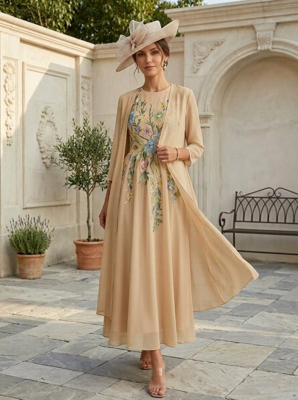 A-Line/Princess Scoop Chiffon Mother of the Bride Dresses with Jacket Lace Floral 3/4 Sleeves Ankle-Length