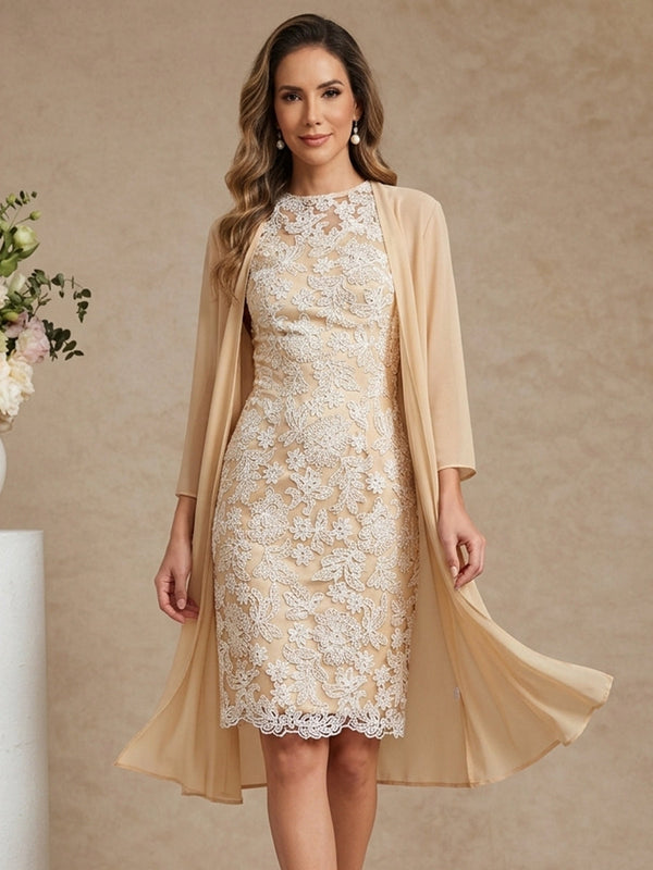 Sheath/Column Scoop Chiffon Mother of the Bride Dresses with Jacket Lace Floral 3/4 Sleeves Knee-Length