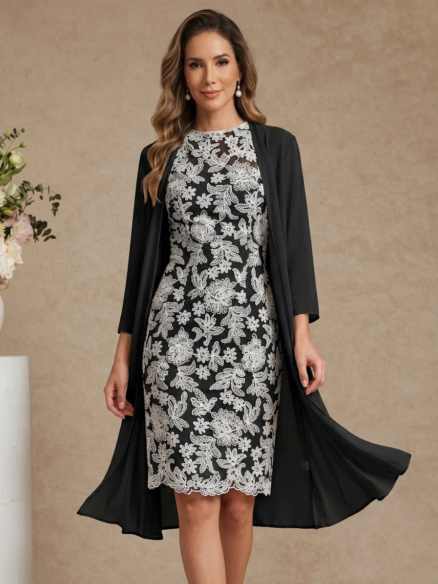 Sheath/Column Scoop Chiffon Mother of the Bride Dresses with Jacket Lace Floral 3/4 Sleeves Knee-Length