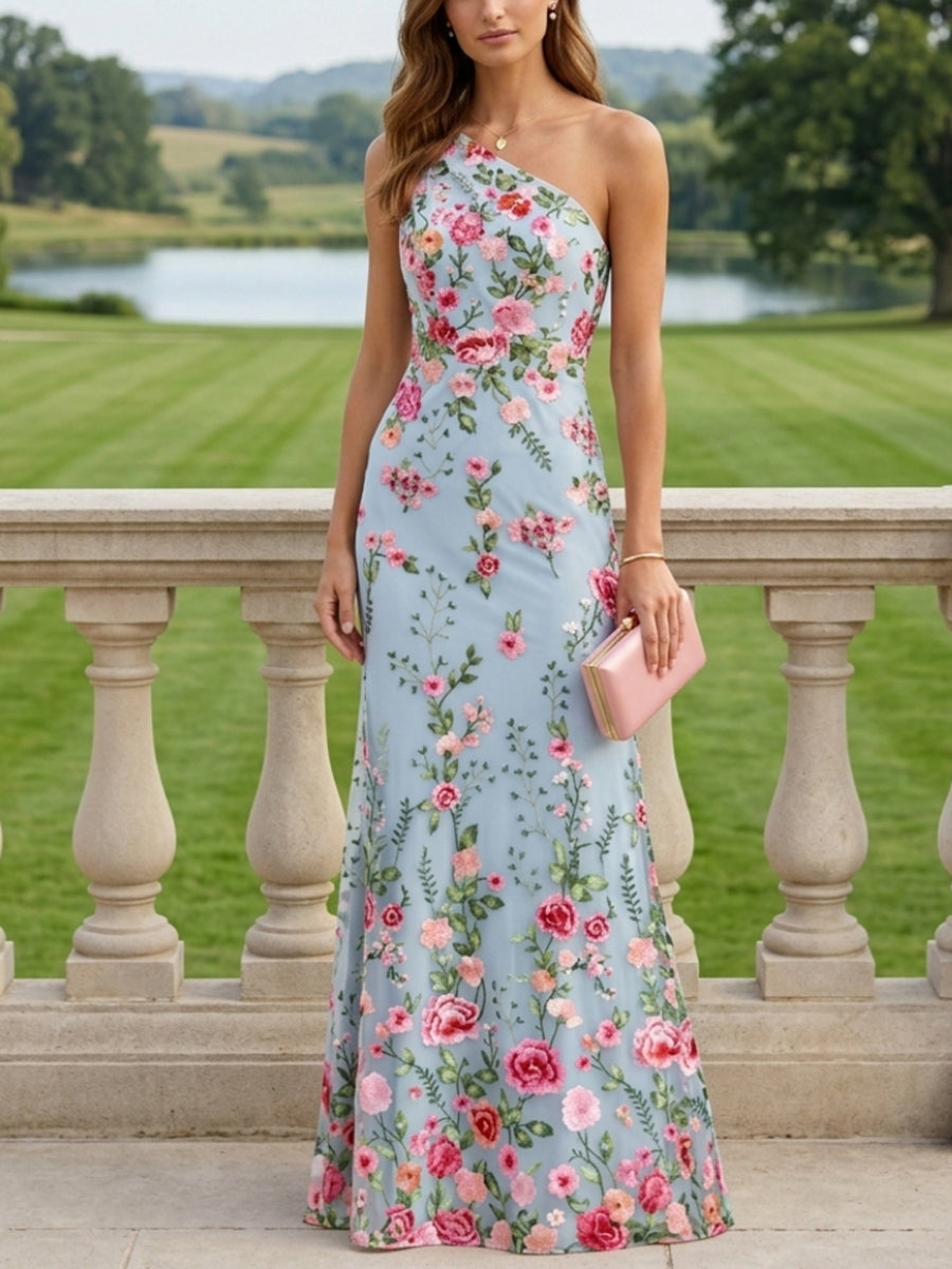 Sheath/Column One-Shoulder Lace Embroidery Mother of the Bride Dresses Sleeveless Floral Floor-Length