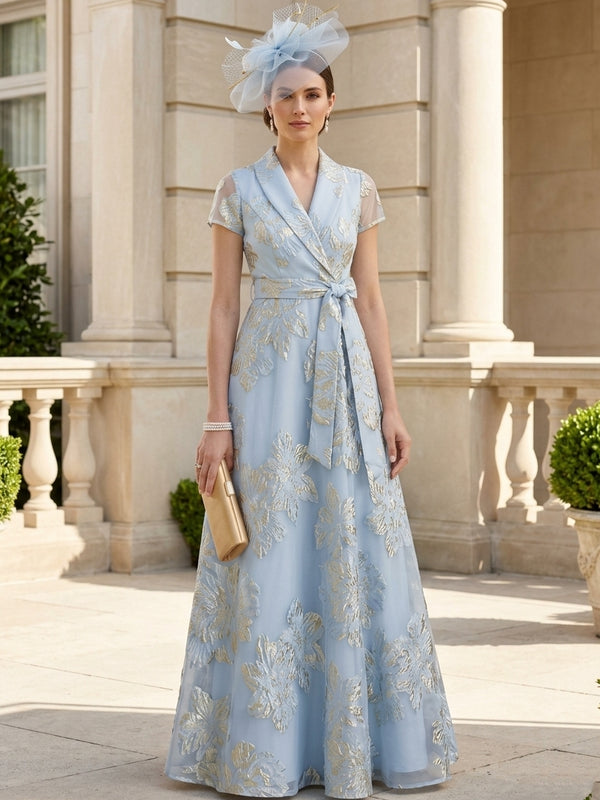 A-Line/Princess V-Neck Jacquard Mother of the Bride Dresses Short Sleeves Floral Floor-Length Bowknot Belt
