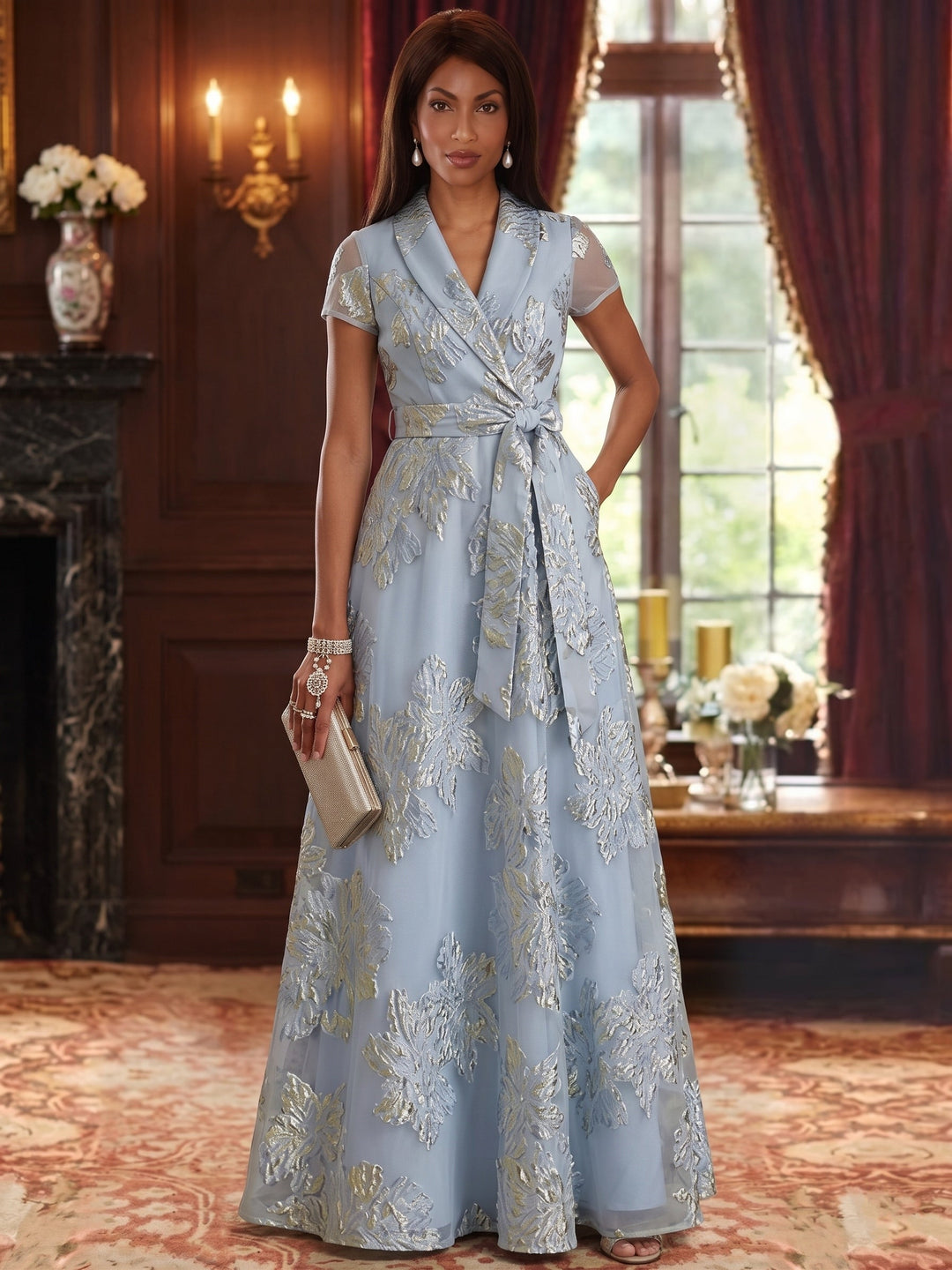 A-Line/Princess V-Neck Jacquard Mother of the Bride Dresses Short Sleeves Floral Floor-Length Bowknot Belt