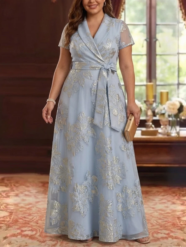 A-Line/Princess V-Neck Jacquard Plus Size Mother of the Bride Dresses Short Sleeves Floral Floor-Length Bowknot Belt