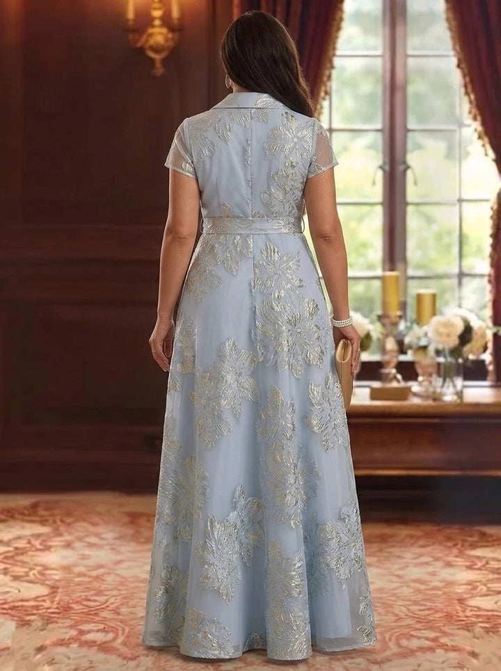 A-Line/Princess V-Neck Jacquard Plus Size Mother of the Bride Dresses Short Sleeves Floral Floor-Length Bowknot Belt