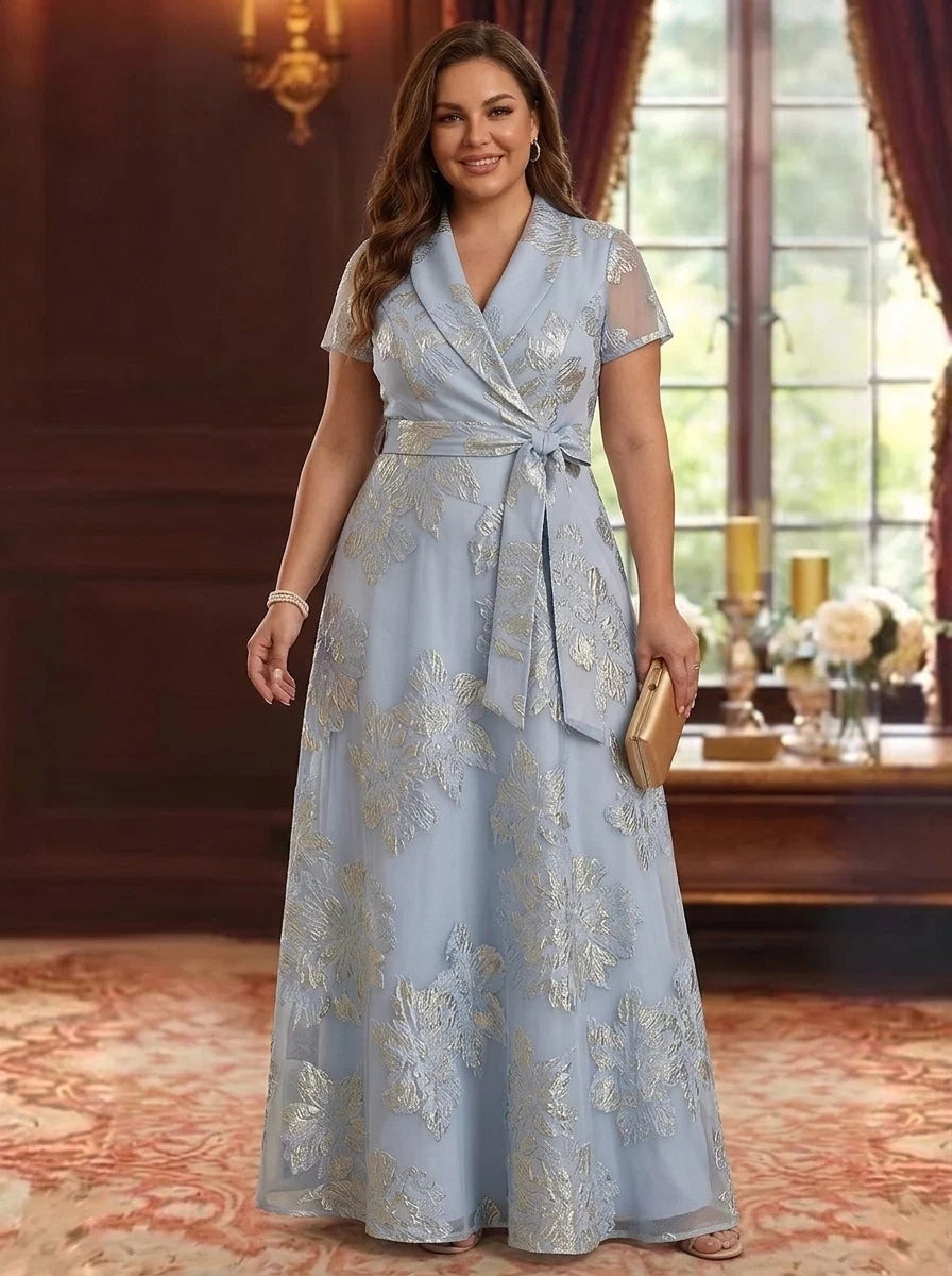 A-Line/Princess V-Neck Jacquard Plus Size Mother of the Bride Dresses Short Sleeves Floral Floor-Length Bowknot Belt