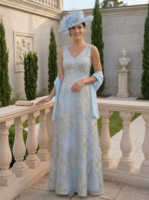 A-Line/Princess V-Neck Jacquard Mother of the Bride Dresses with Wrap Sleeveless Floral Floor-Length