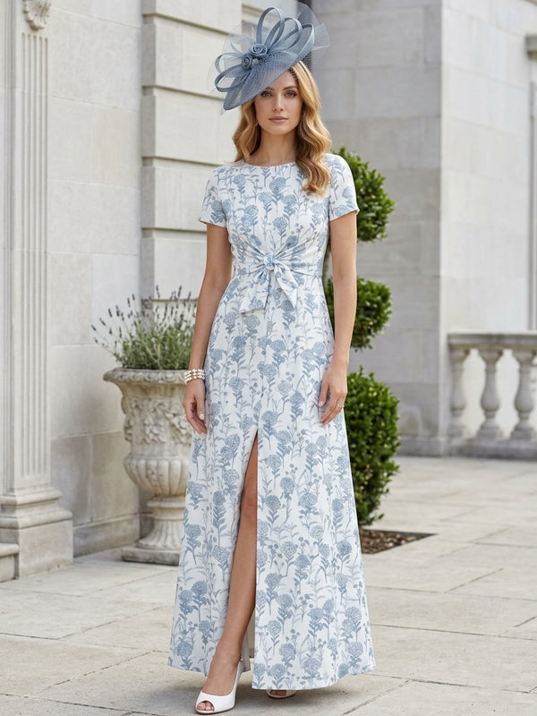 A-Line/Princess Scoop Jacquard Mother of the Bride Dresses with Split Side Short Sleeves Floral Ankle-Length Bowknot
