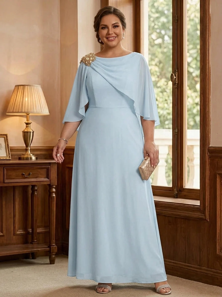 A-Line/Princess Boat Neck Chiffon Plus Size Mother of the Bride Dresses Cape Sleeves Ankle-Length Rhinestone