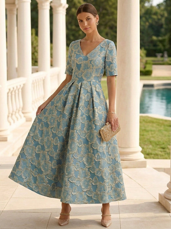 A-Line/Princess V-Neck Jacquard Mother of the Bride Dresses Short Sleeves Floral Ankle-Length