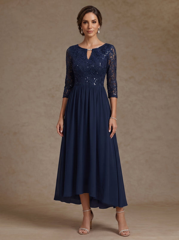 A-Line/Princess V-Neck Chiffon Mother of the Bride Dresses 3/4 Sleeves Lace Sequins Tea-Length