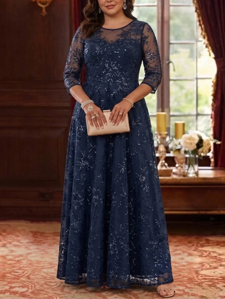 A-Line/Princess Scoop Plus Size Mother of the Bride Dresses Lace Sequins 3/4 Sleeves Floor Length