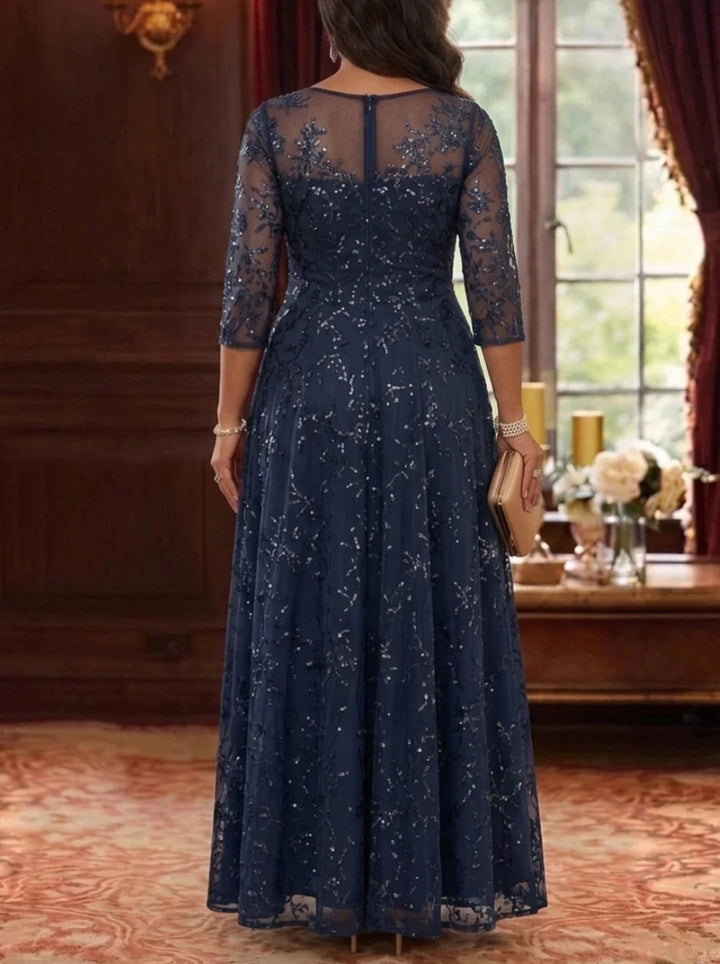 A-Line/Princess Scoop Plus Size Mother of the Bride Dresses Lace Sequins 3/4 Sleeves Floor Length